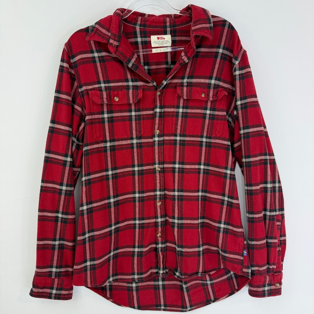 Fjallraven Ovik Heavy Flannel Shirt Mens M Red Black Plaid Button Down 82978